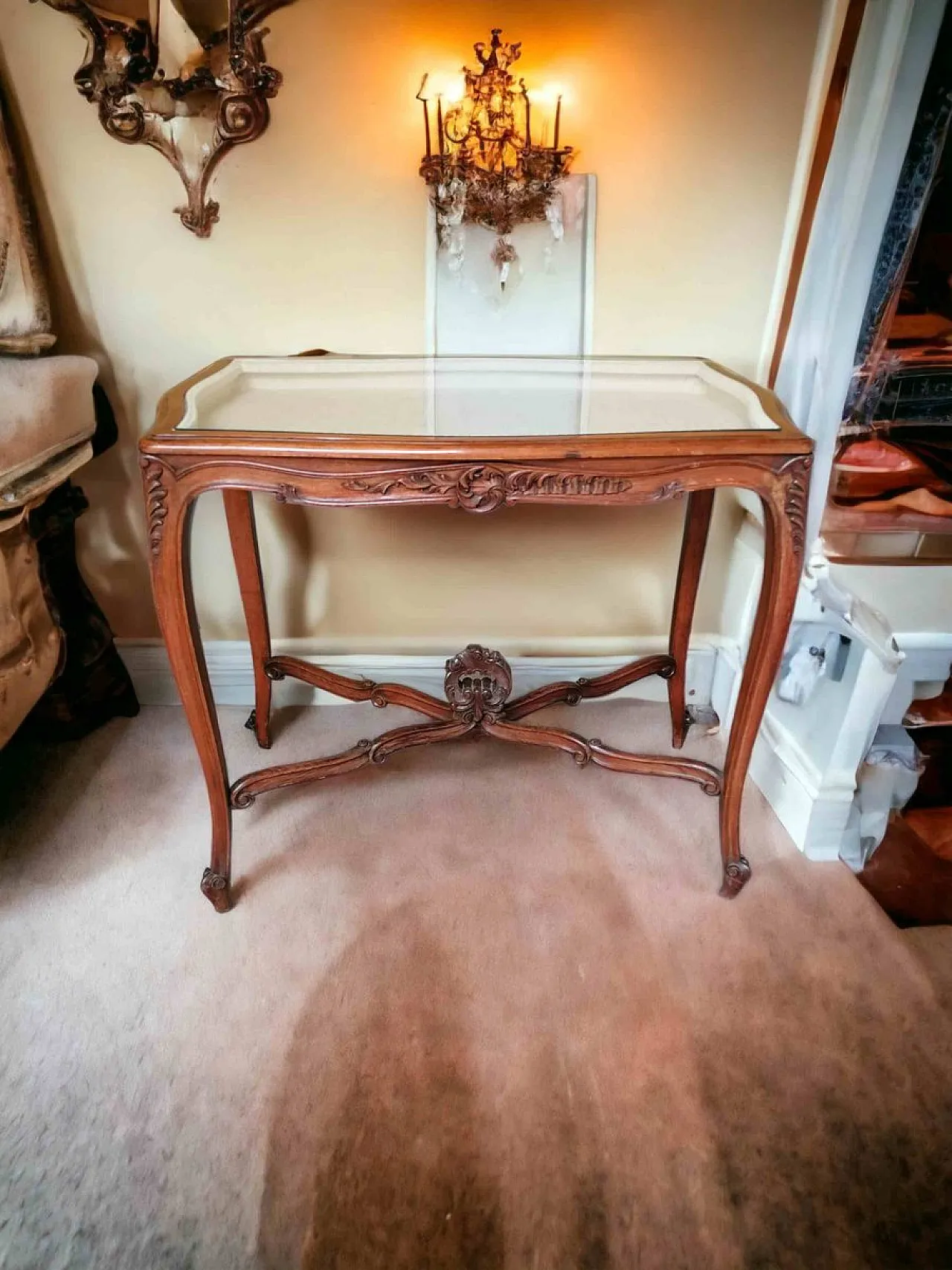 Carved Walnut Console with Glass Display Top, late 19th Century 1