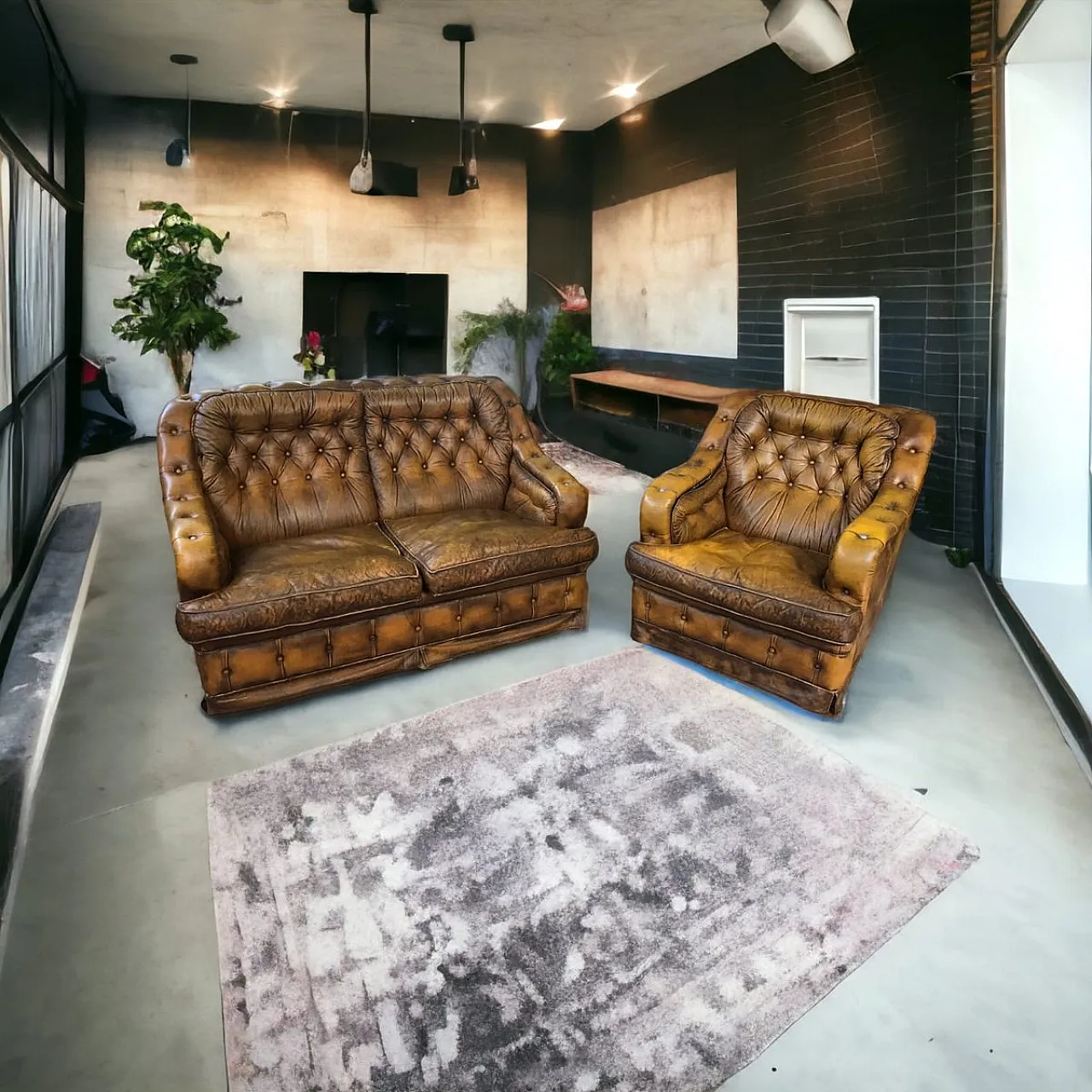 Divano letto e poltrona Chesterfield in pelle, anni '70 1