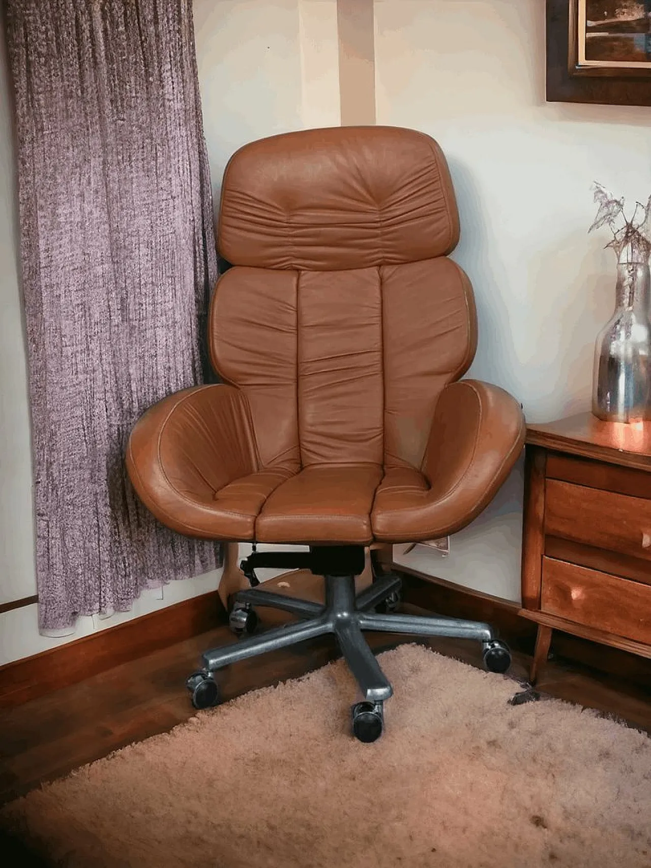 Sedia presidenziale girevole da scrivania in pelle, anni '70 6