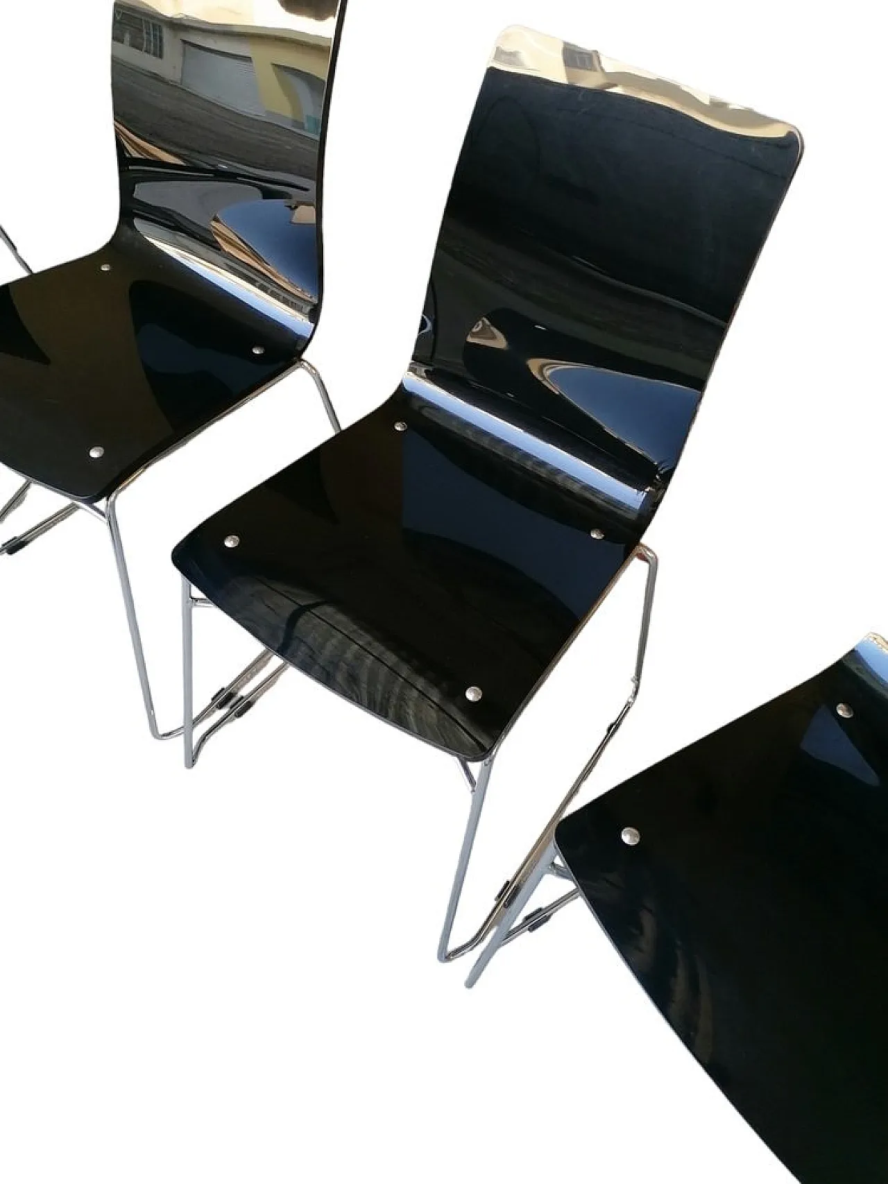 4 Sedie impilabili in vetro acrilico nero e acciaio, anni '90 2