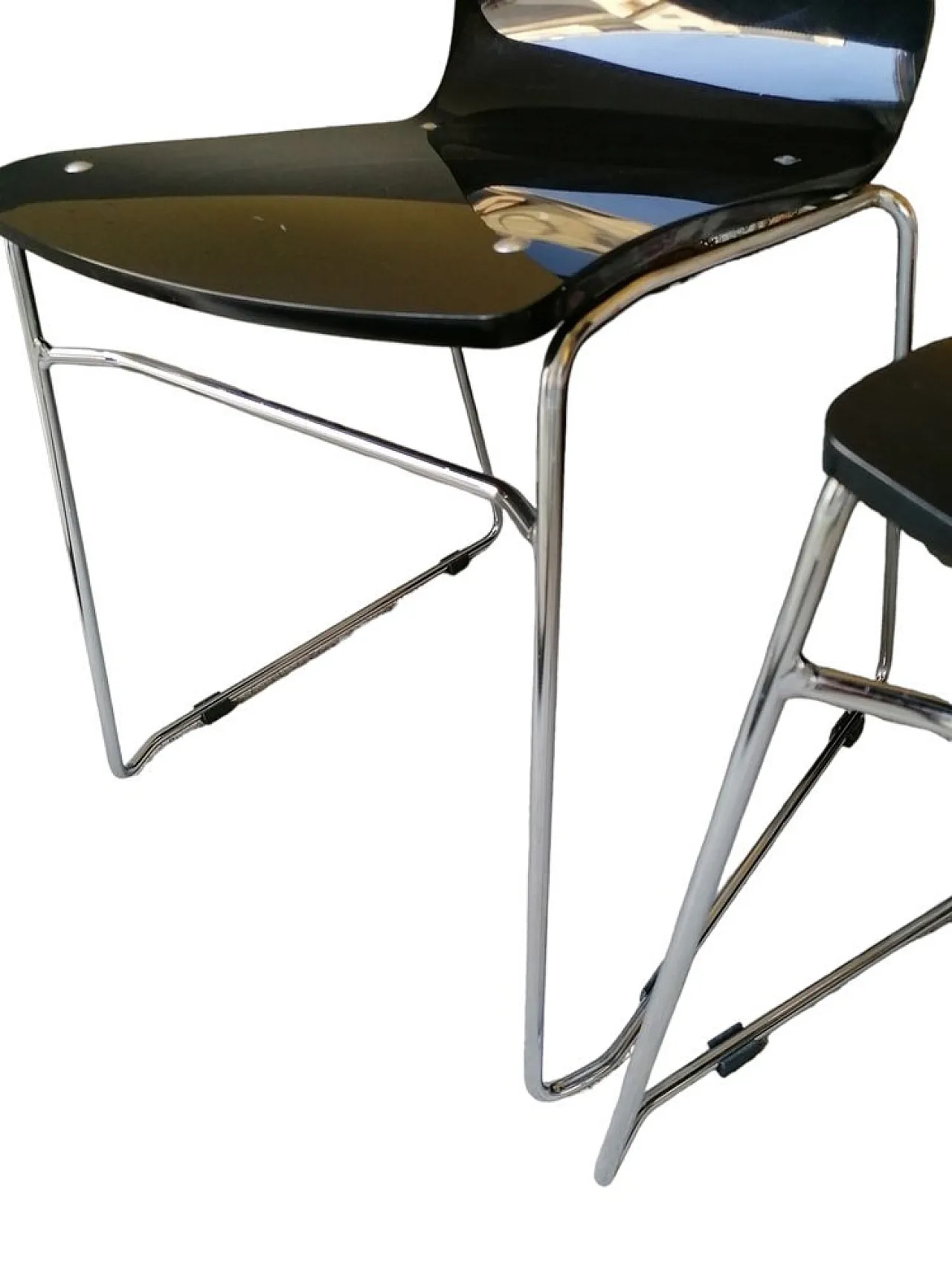 4 Sedie impilabili in vetro acrilico nero e acciaio, anni '90 3