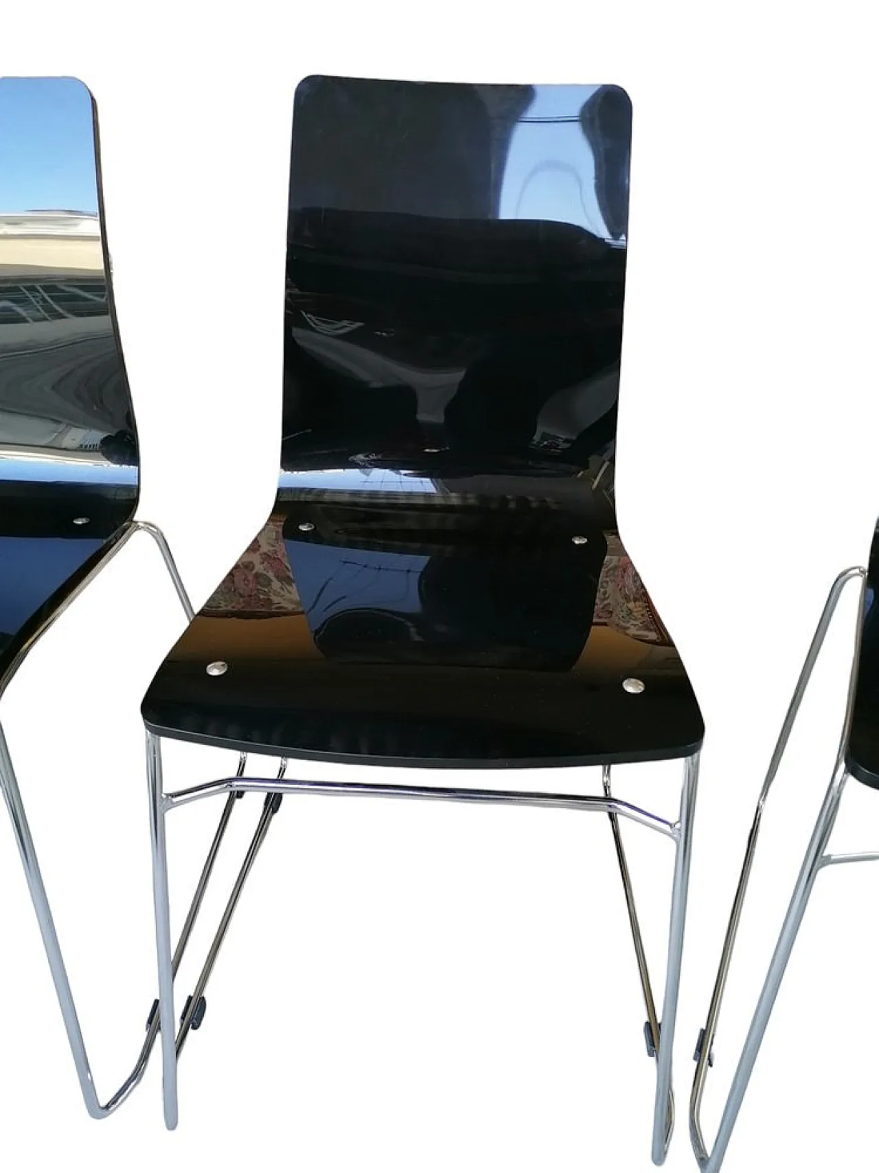 4 Sedie impilabili in vetro acrilico nero e acciaio, anni '90 4