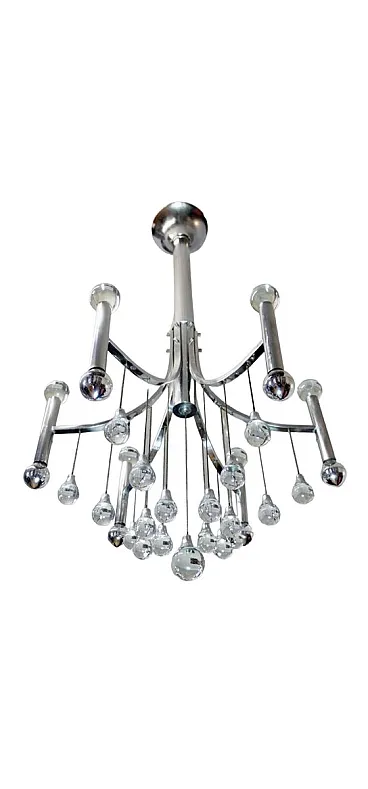 Lampadario in acciaio e cristallo stile Sciolari, anni '60