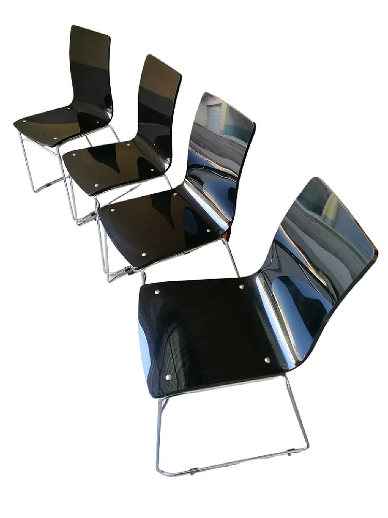 4 Sedie impilabili in vetro acrilico nero e acciaio, anni '90 6