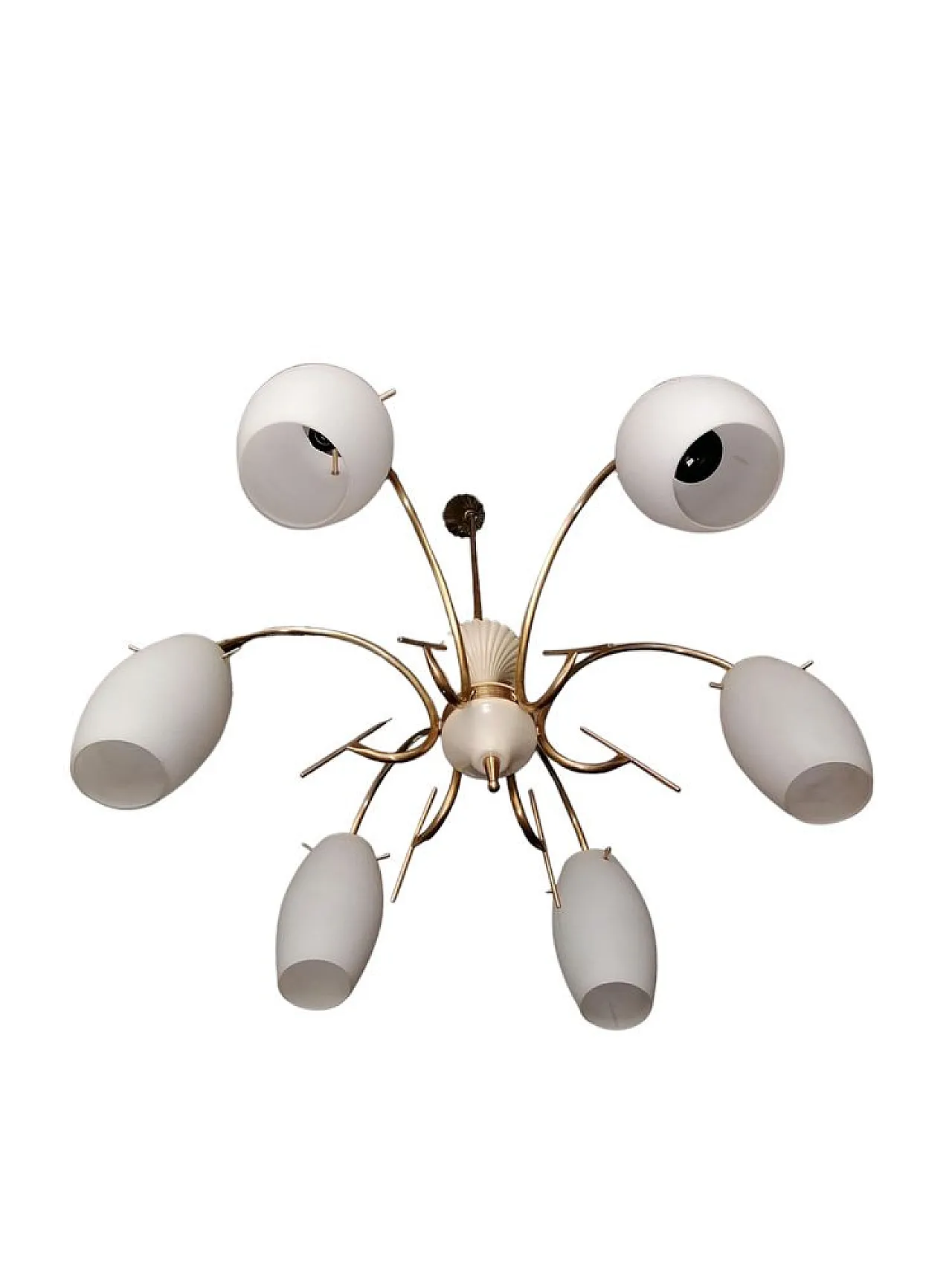 Lampadario in metallo dorato in vetro opalino stile Stilux, anni '50 1