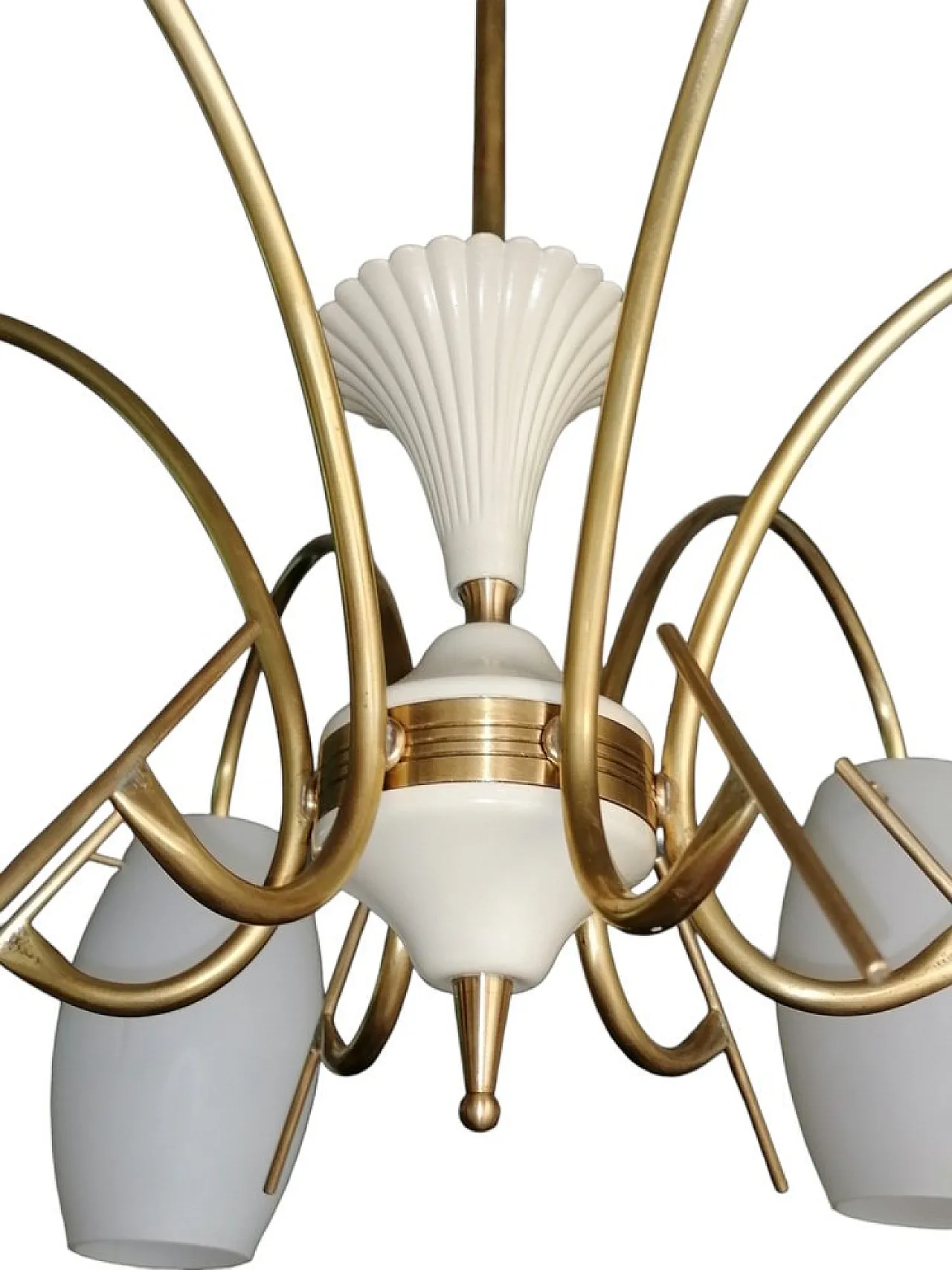 Lampadario in metallo dorato in vetro opalino stile Stilux, anni '50 2