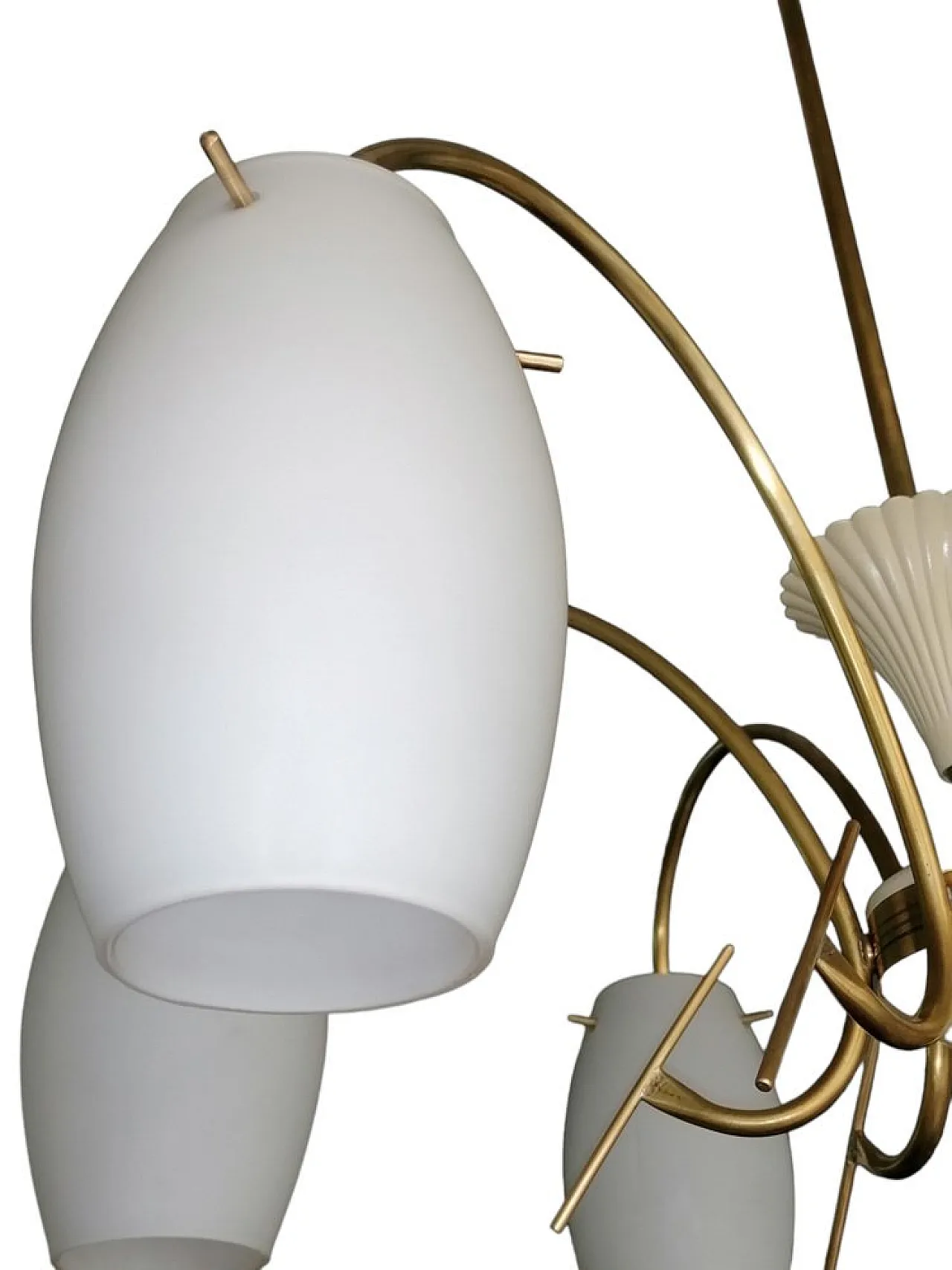 Lampadario in metallo dorato in vetro opalino stile Stilux, anni '50 4