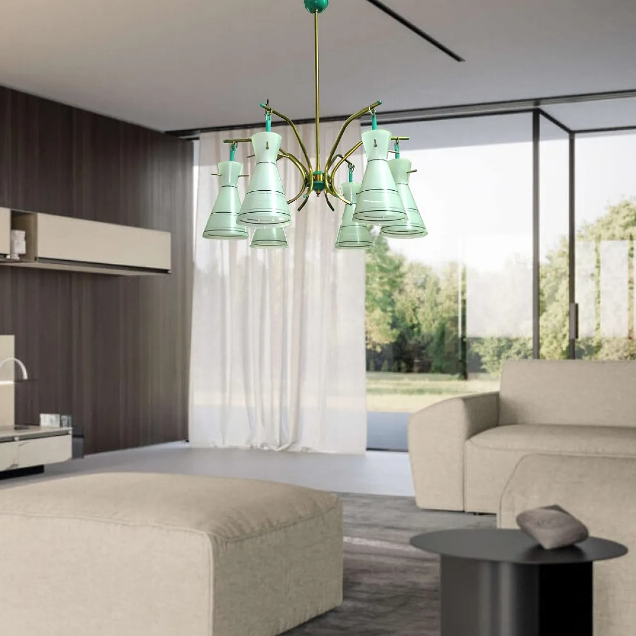 Lampadario in ottone vetro satinato stile Stilnovo, anni '50 1