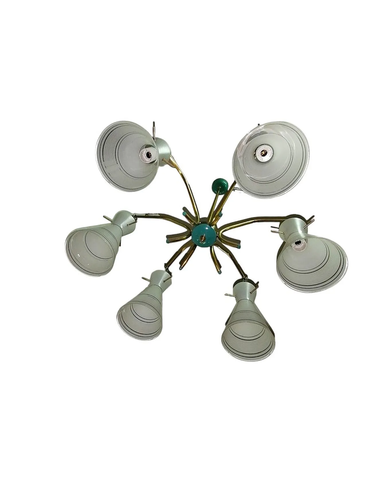 Lampadario in ottone vetro satinato stile Stilnovo, anni '50 2