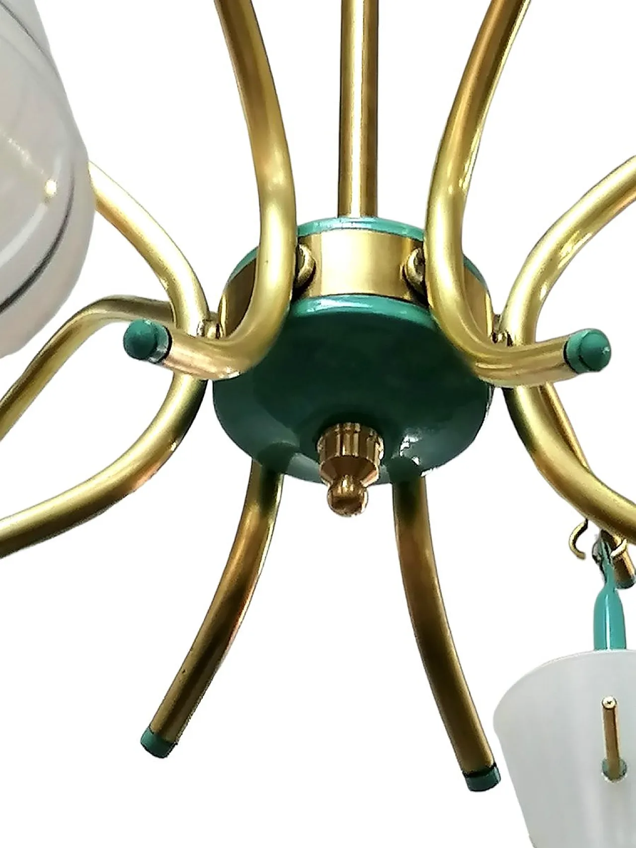 Lampadario in ottone vetro satinato stile Stilnovo, anni '50 3