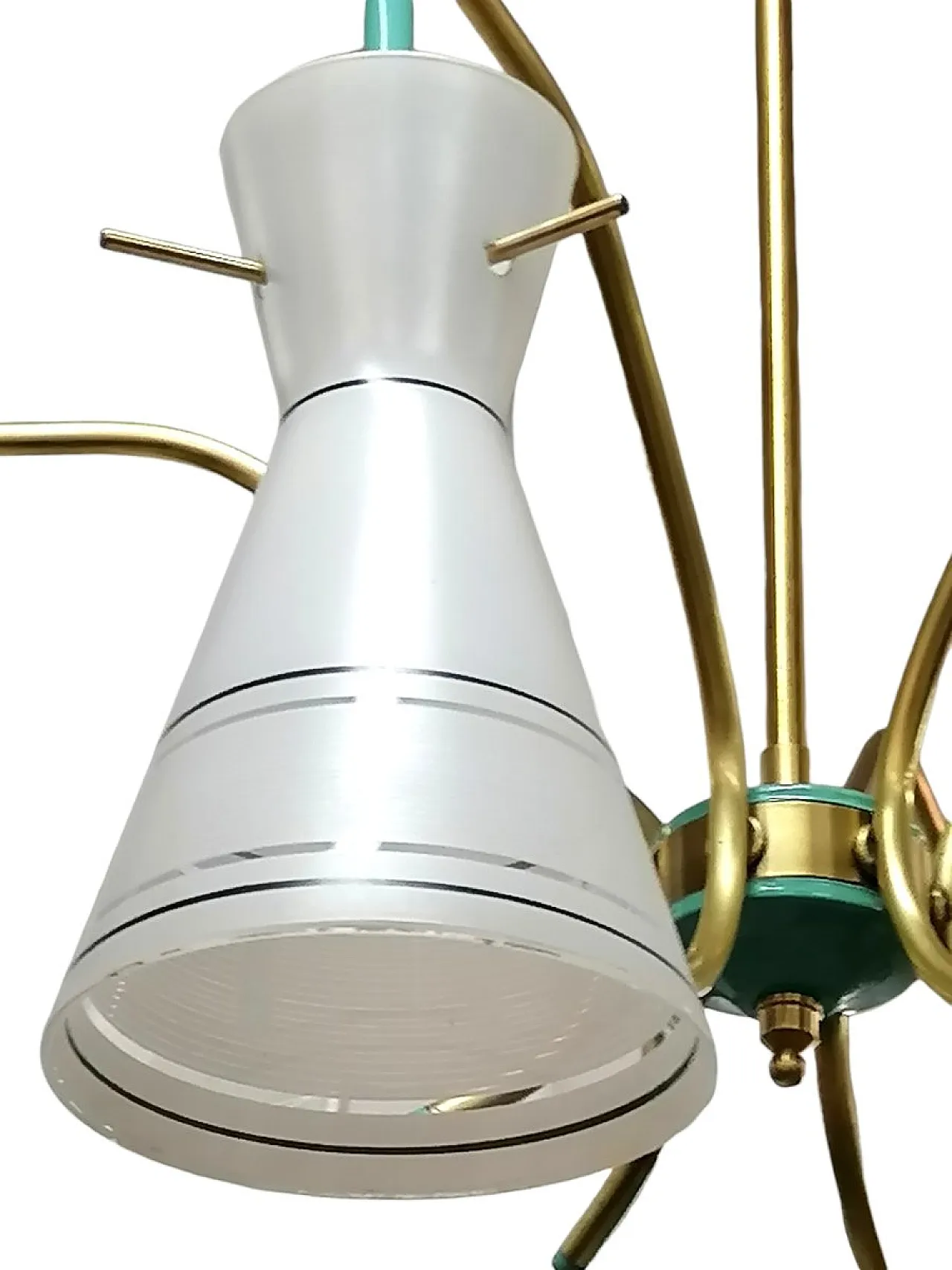 Lampadario in ottone vetro satinato stile Stilnovo, anni '50 4