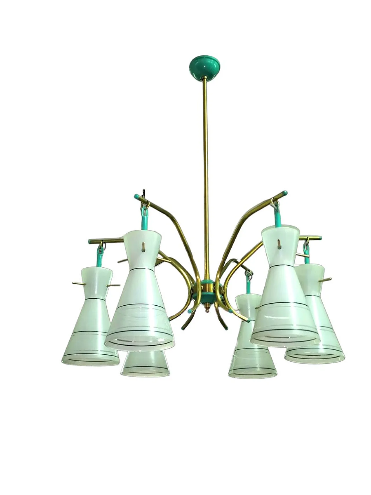 Lampadario in ottone vetro satinato stile Stilnovo, anni '50 5