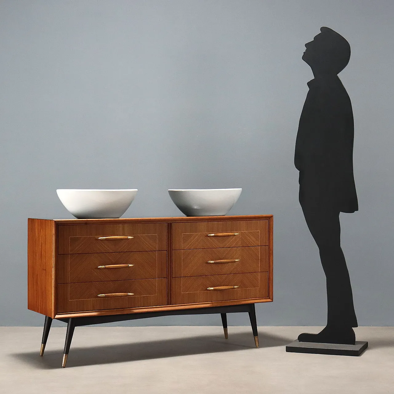 Cassettiera in legno, ottone e ceramica, '900 2