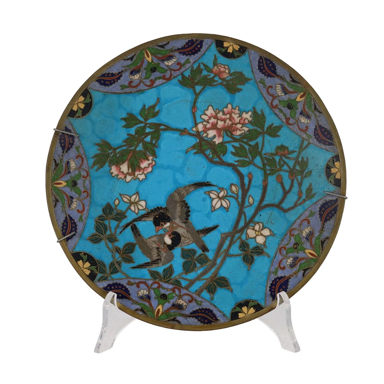 Japanese copper plate with polychrome cloisonné enamels, 19th century 1
