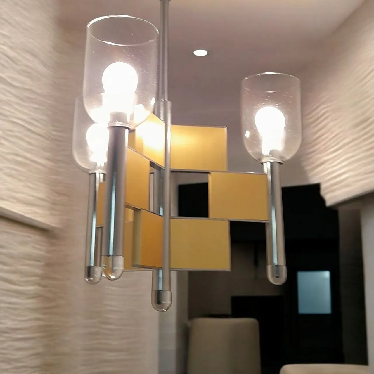 Lampadario di Gaetano Sciolari con ottone e vetro, anni '70 2