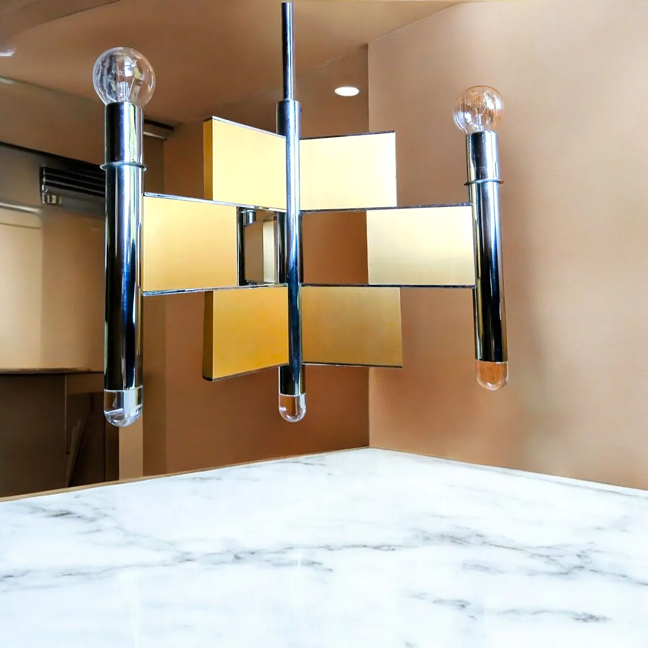 Lampadario di Gaetano Sciolari con ottone e vetro, anni '70 3