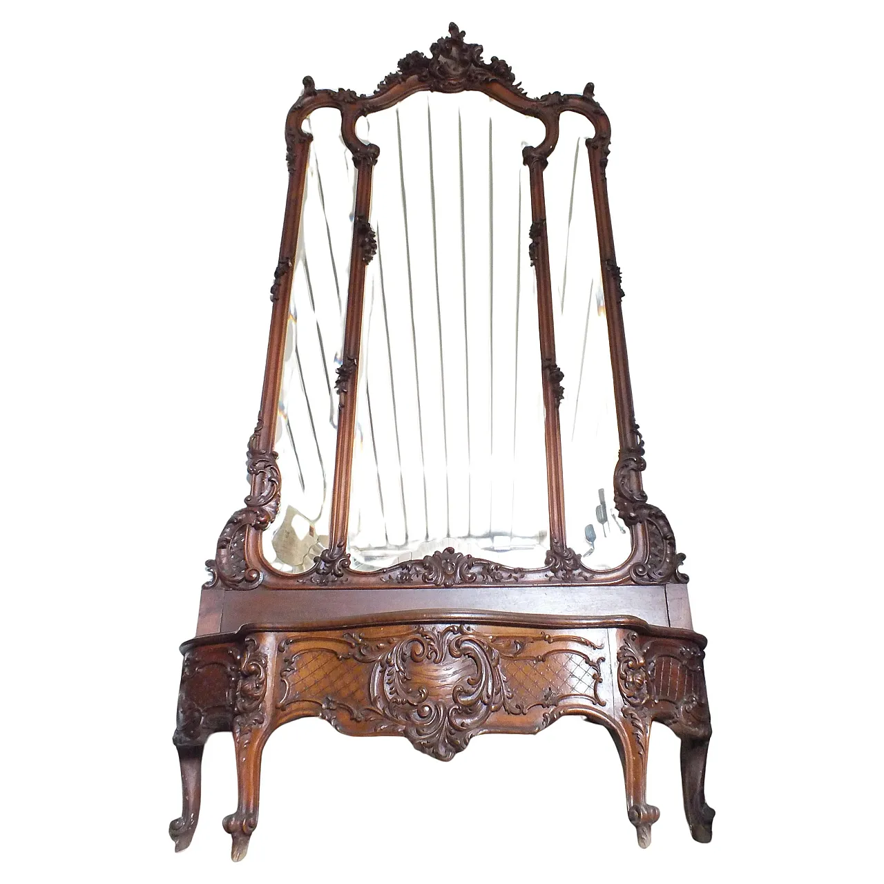 Specchiera da parete Liberty bisellata con fioriera in noce, anni '20 8