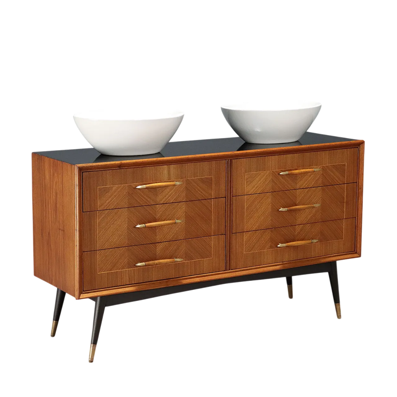 Cassettiera in legno, ottone e ceramica, '900 11