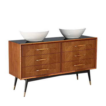 Cassettiera in legno, ottone e ceramica, '900