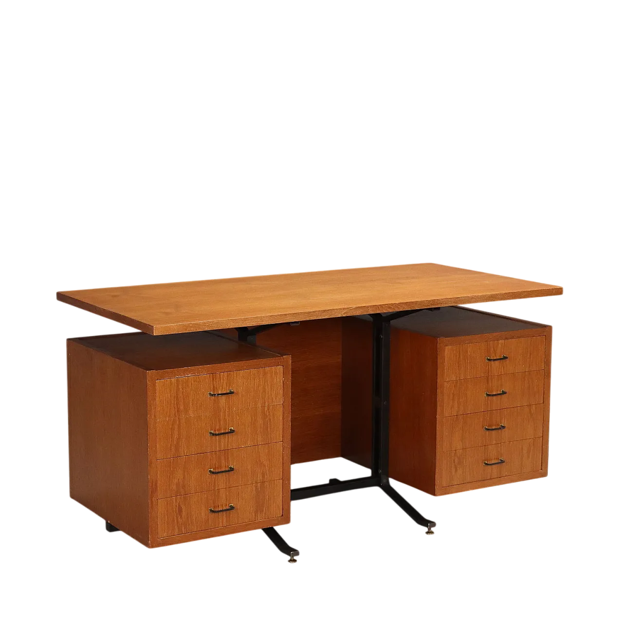 Scrivania con doppia colonna e cassetti in metallo e legno, '900 10