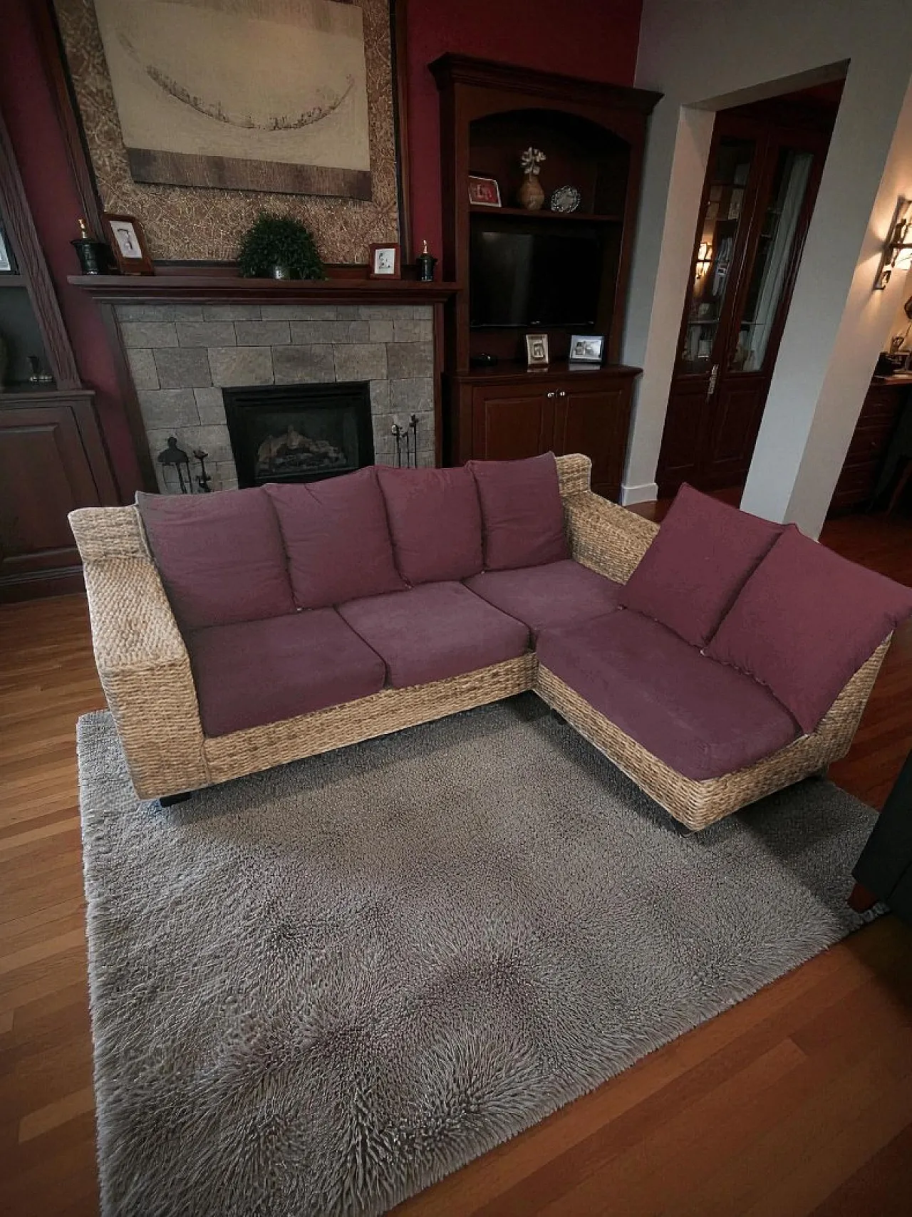 Divano ad angolo con chaise lounge in banana intrecciata, anni '90 3