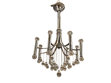 Lampadario Mid-Century in cristallo e metallo cromato di Gaetano Sciolari, anni '70