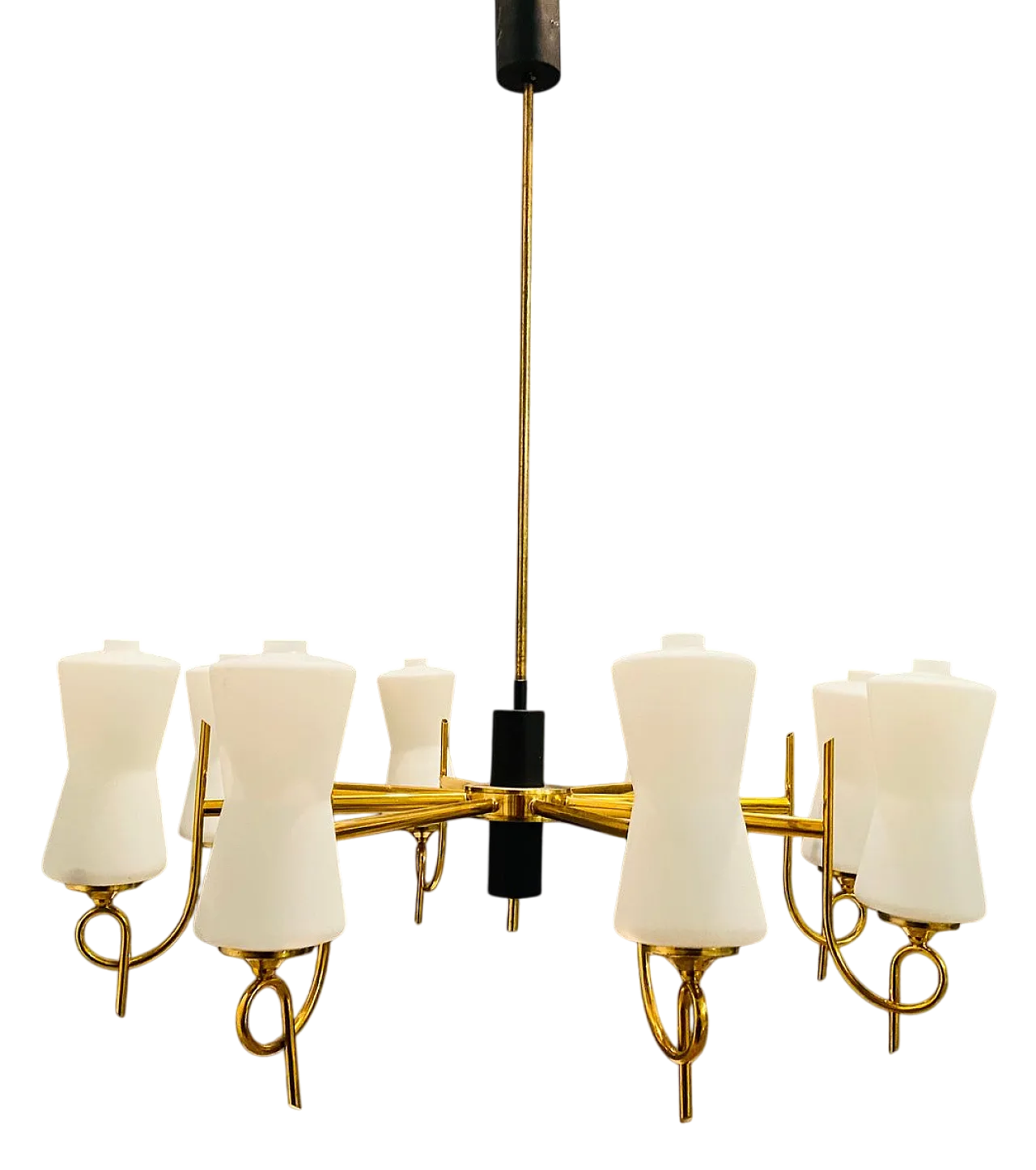 Large brass chandelier with opaline glass lampshades from Stilnovo, 1950s 11