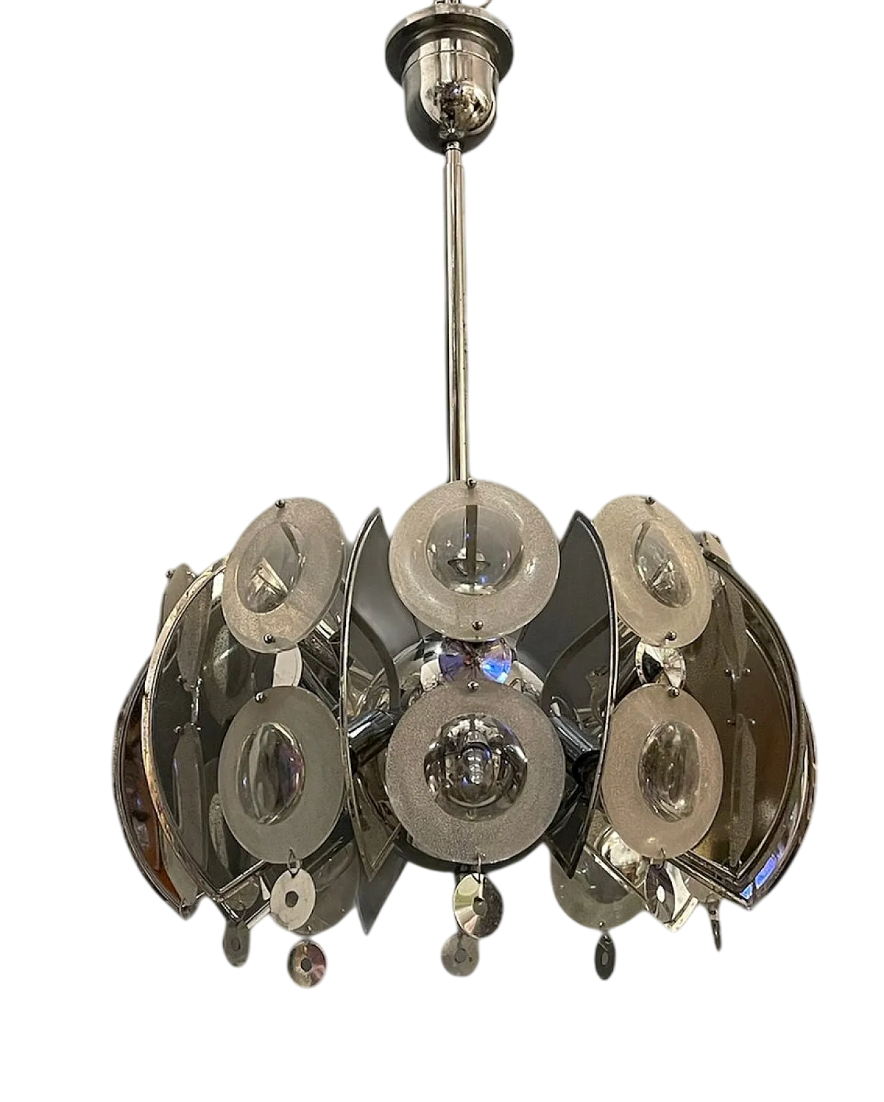 Lampadario grande in metallo cromato e vetro di Oscar Torlasco, anni '70 8