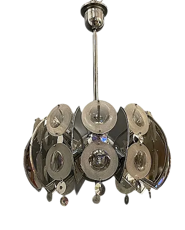 Lampadario grande in metallo cromato e vetro di Oscar Torlasco, anni '70