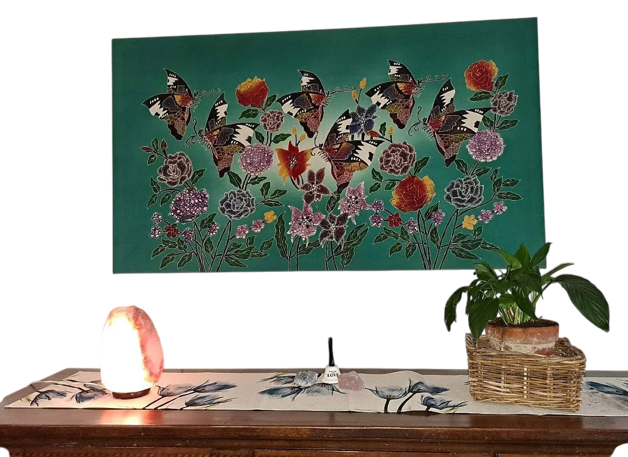 Dipinto batik su seta con motivo farfalle, anni '90 4