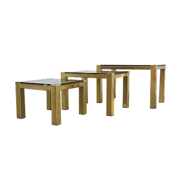 3 tavolini  Hollywood Regency in ottone e vetro fumé, anni '70