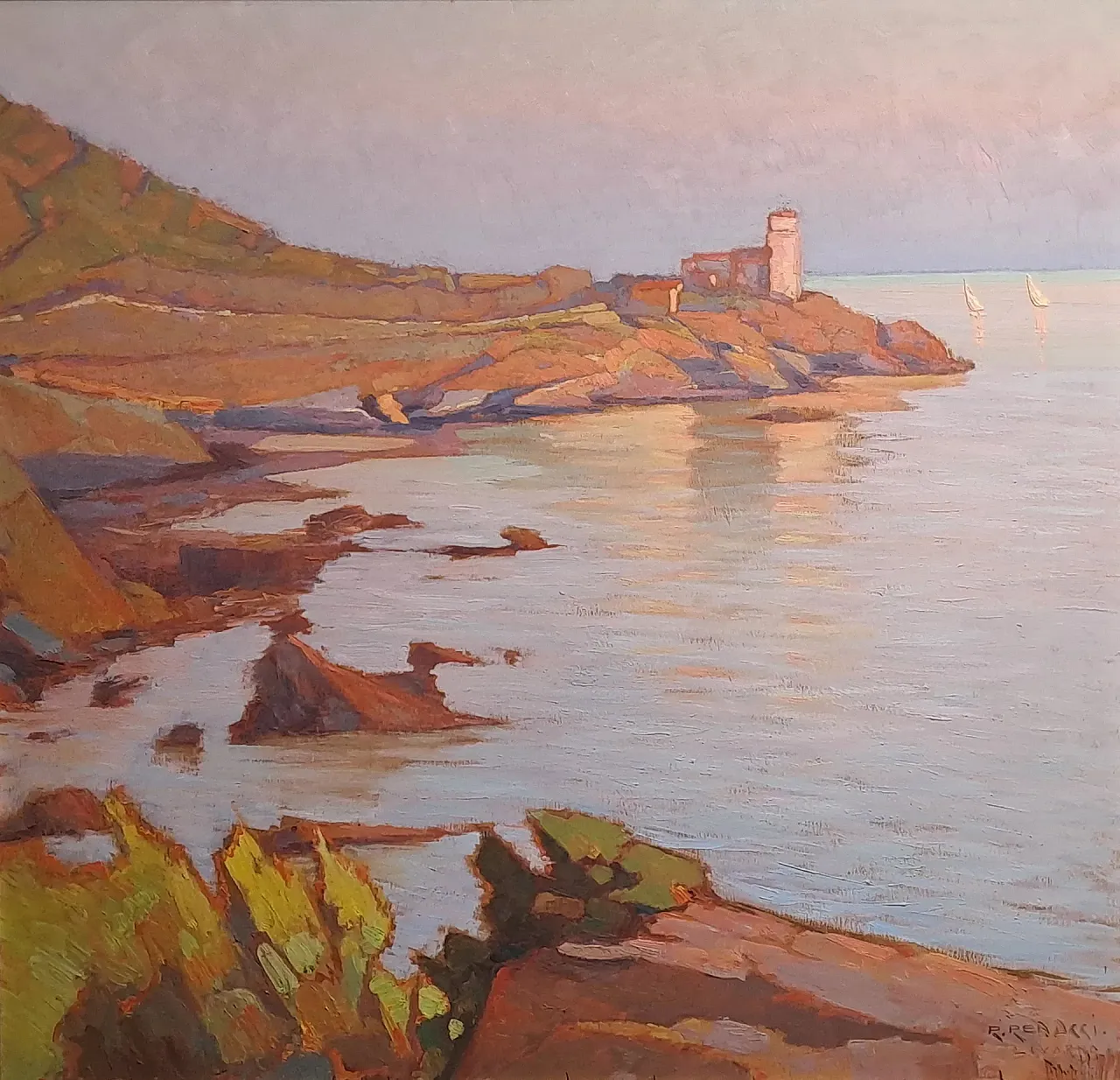 Marina con scoglio e torre al tramonto di Renuccio Renucci, '900 2