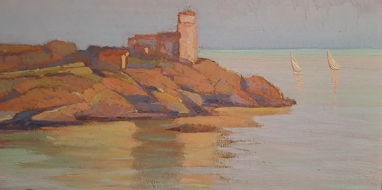 Marina con scoglio e torre al tramonto di Renuccio Renucci, '900 3