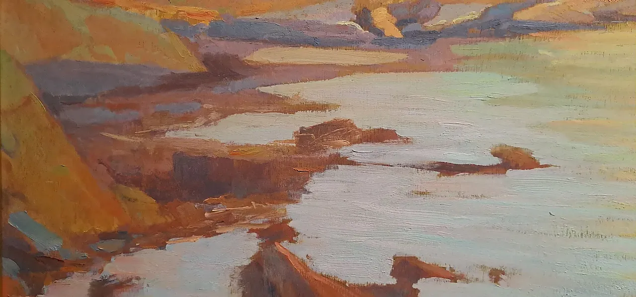Marina con scoglio e torre al tramonto di Renuccio Renucci, '900 4