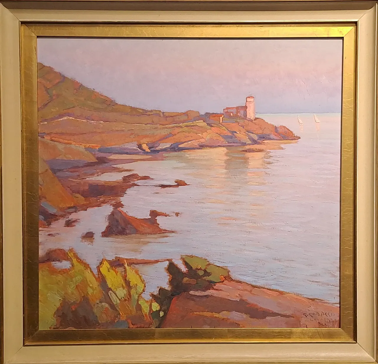 Marina con scoglio e torre al tramonto di Renuccio Renucci, '900 8