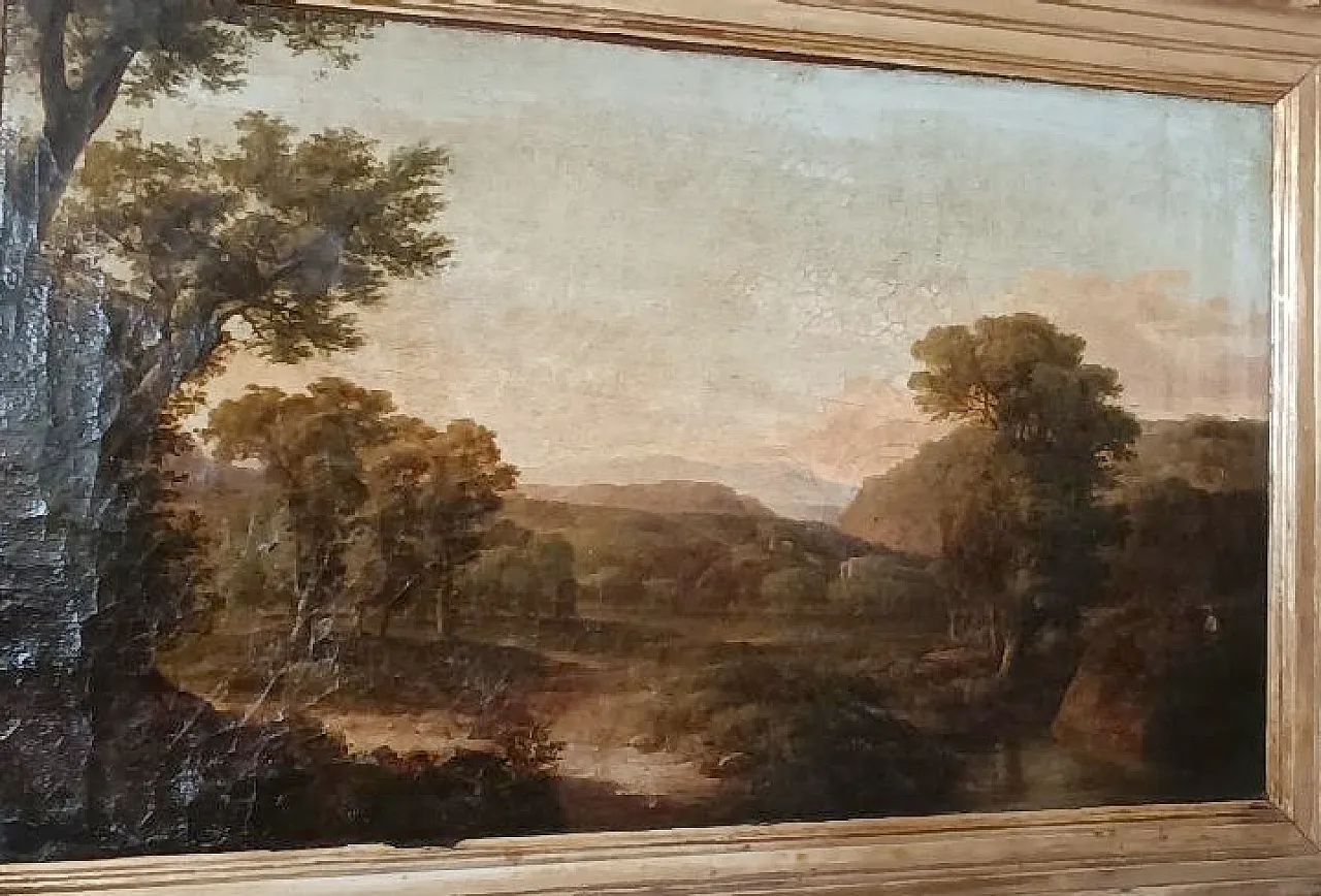 Antique canvas painting depicting a bucolic landscape, 19th century 3
