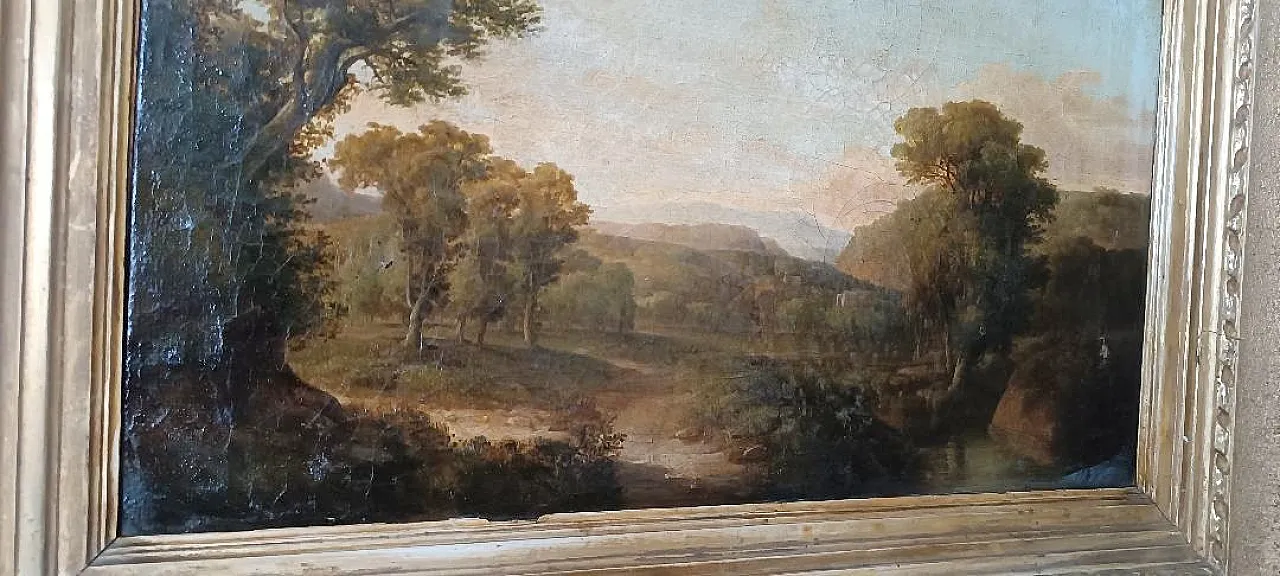 Antique canvas painting depicting a bucolic landscape, 19th century 6