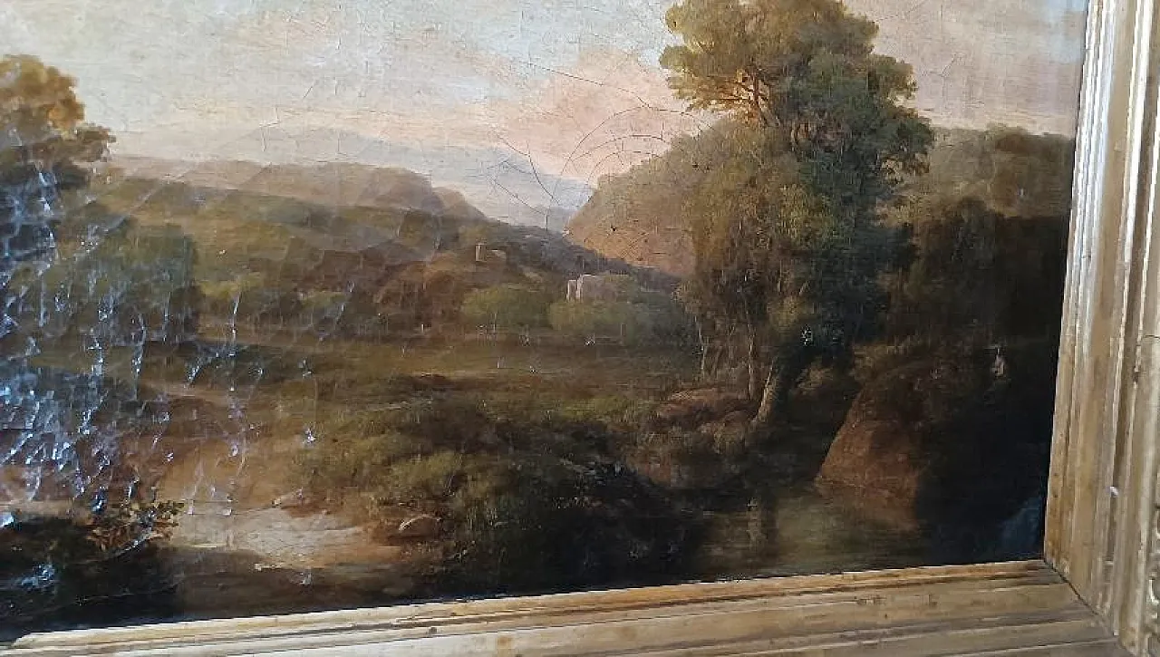 Antique canvas painting depicting a bucolic landscape, 19th century 7