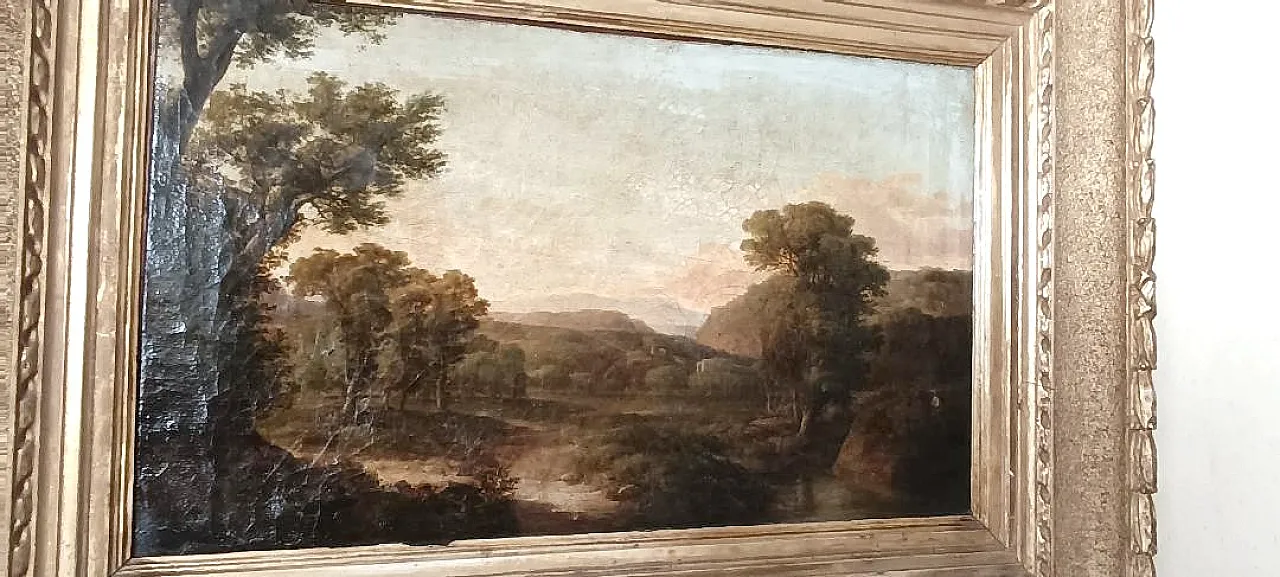 Antique canvas painting depicting a bucolic landscape, 19th century 10