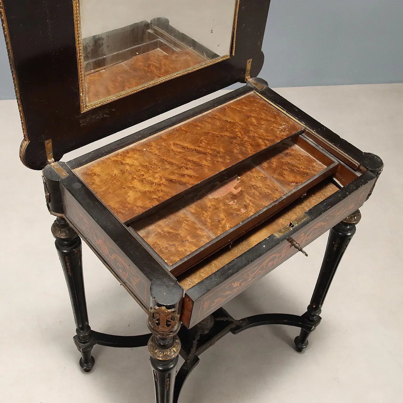 Tavolo da lavoro in legno ebanizzato e bronzo, fine '800 5