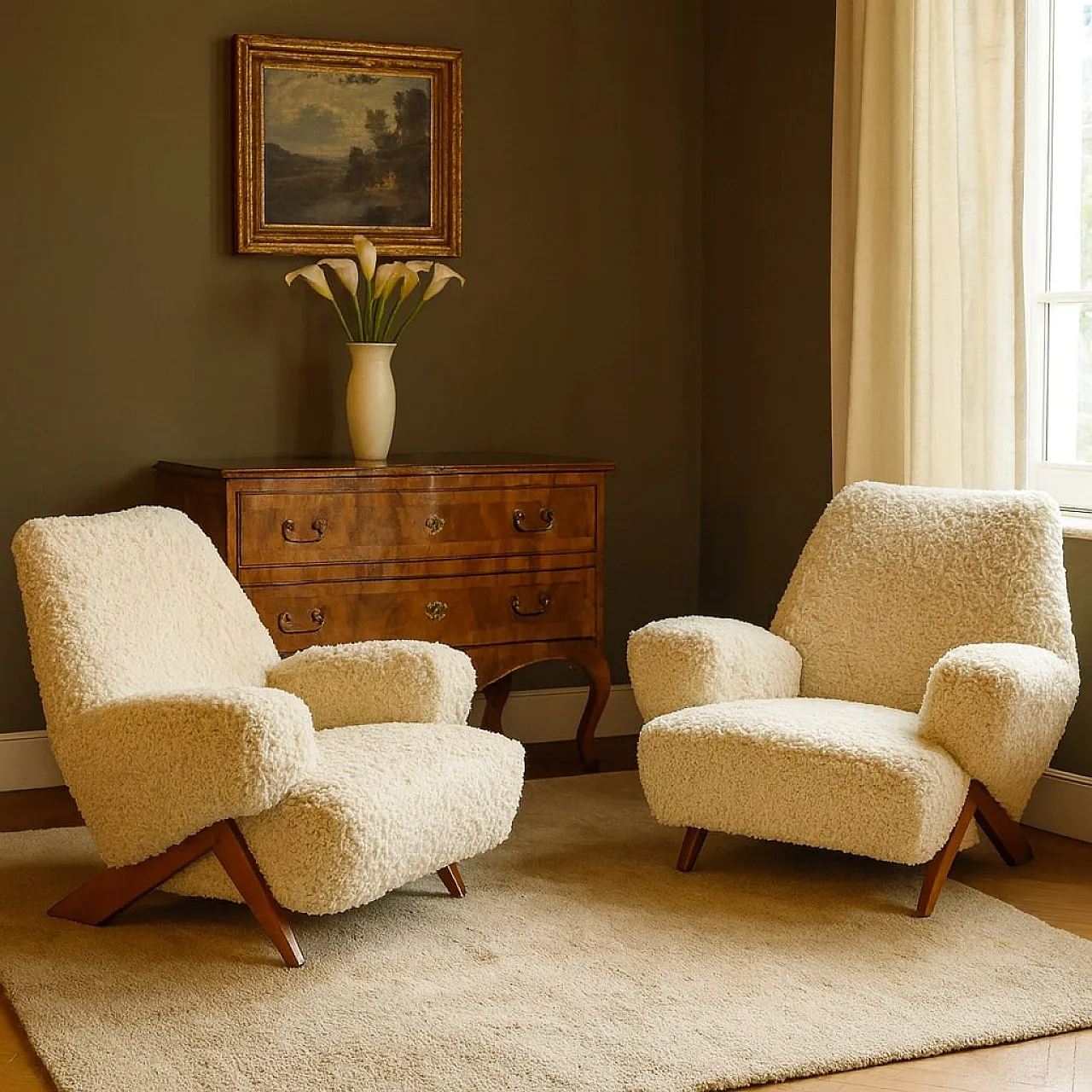 Coppia di poltrone con gambe in legno di faggio e tessuto, '900 2