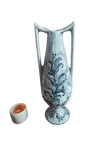 White and blue ceramic vase from Albisola, 1940s