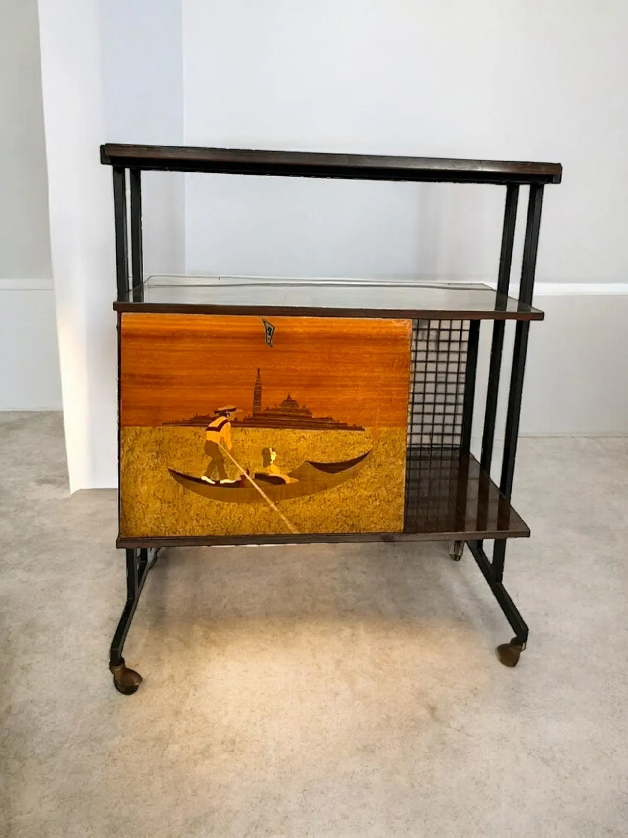 Bar trolley Venice fine wood inlay, 1960s 1