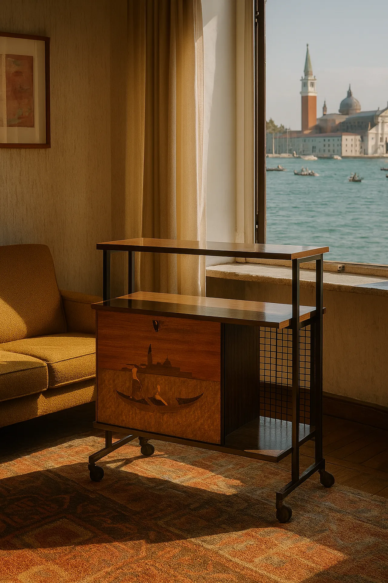 Bar trolley Venice fine wood inlay, 1960s 2