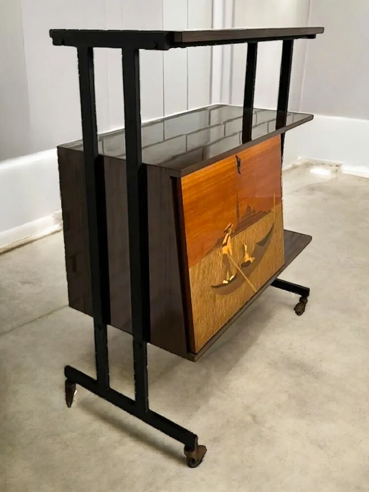 Bar trolley Venice fine wood inlay, 1960s 4