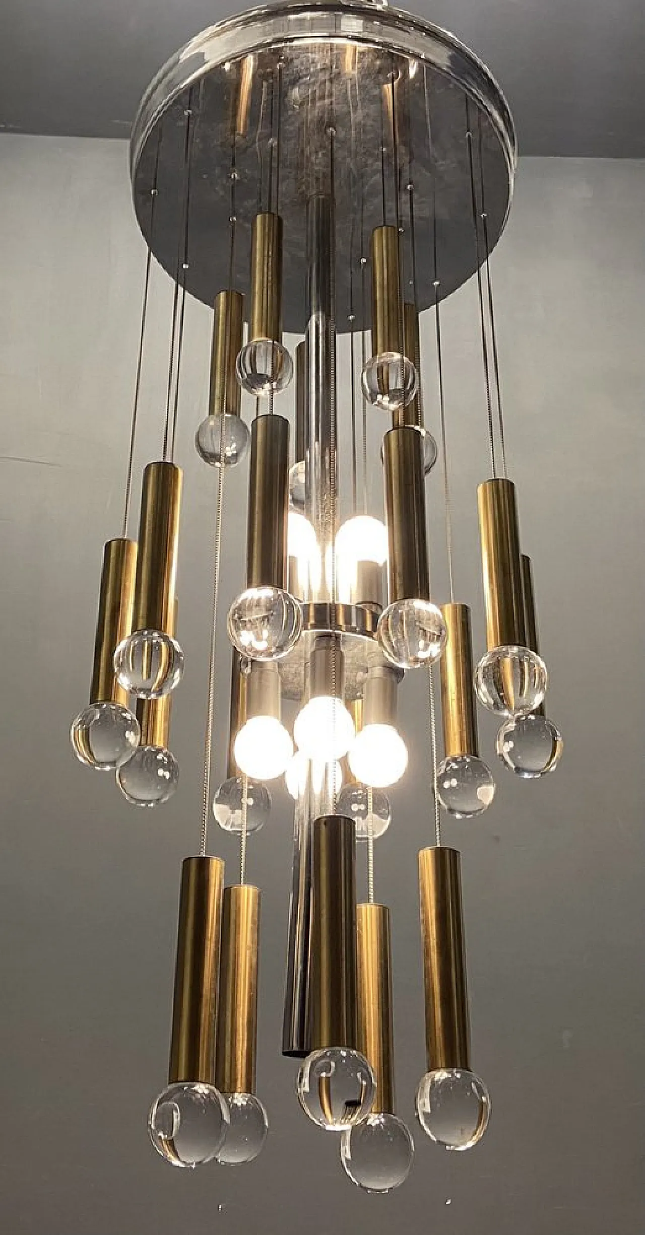 Lampadario Mid-Century cromato e ottone di Sciolari, anni '70 2