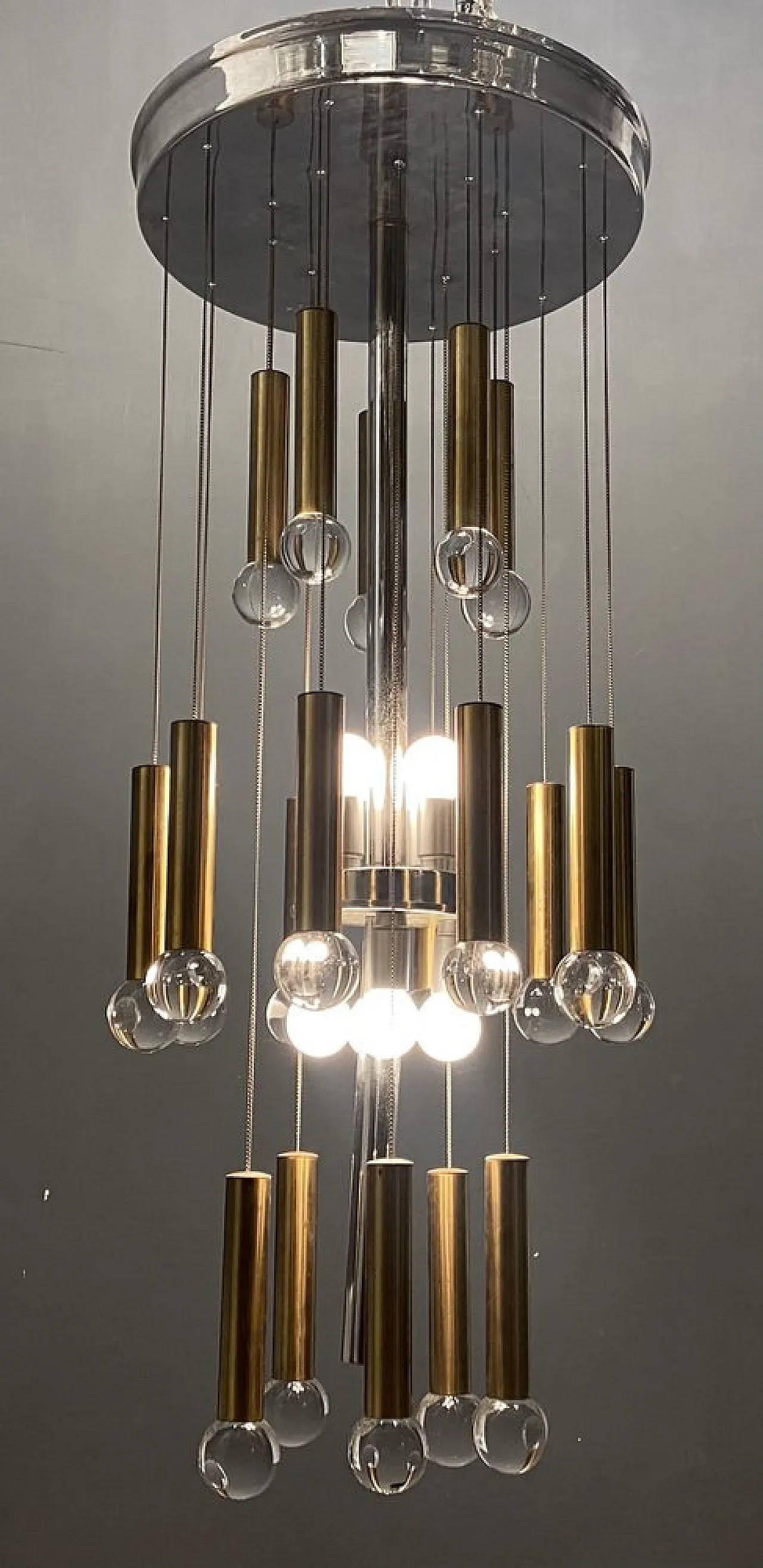 Lampadario Mid-Century cromato e ottone di Sciolari, anni '70 8