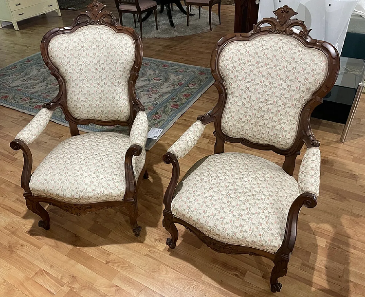 Pair of carved walnut armchairs, 90s 2
