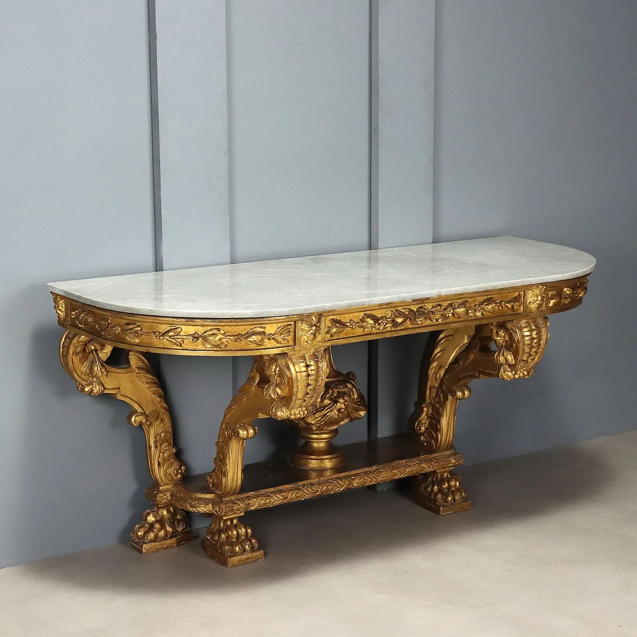 Console table in carved and gilded wood and marble, late 19th century 1