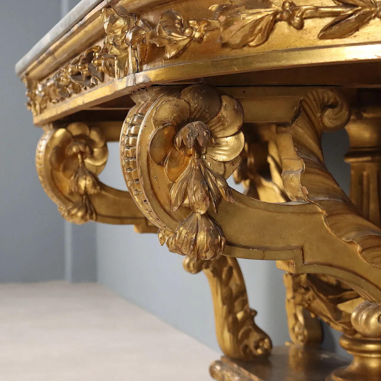 Console table in carved and gilded wood and marble, late 19th century 7